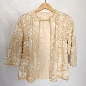Vintage Sequin Beaded Evening Jacket 38 Cream  Lace Floral Bridal Shrug Blazer